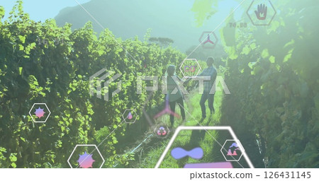 Image of network of eco icons over caucasian couple in vineyard 126431145