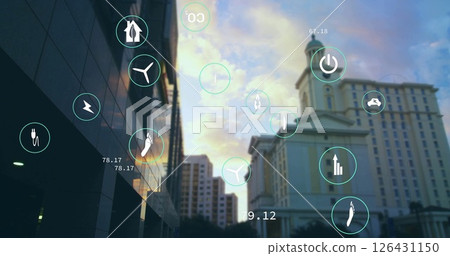 Image of network of eco icons over cityscape Image of network of eco icons over cityscape 126431150