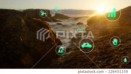 Image of network of eco icons over seascape 126431159