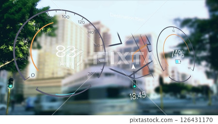 Image of electric car dashboard over city 126431170
