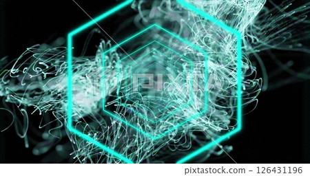 Image of hexagons and green glowing light trails moving over black background Image of hexagons and green glowing light trails moving over black background 126431196