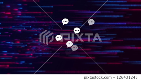 Image of speech bubbles glowing light trails moving over black background 126431243