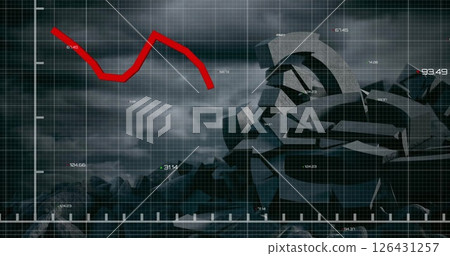 Image of financial data processing over broken euro symbol and sky with clouds Image of financial data processing over broken euro symbol and sky with clouds 126431257