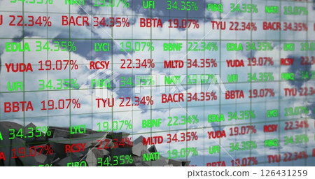 Image of financial data processing over broken dollar symbol and sky with clouds Image of financial data processing over broken dollar symbol and sky with clouds 126431259