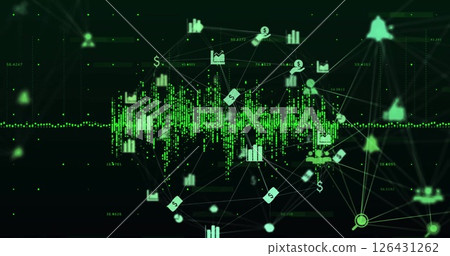Image of network of connections with icons over data processing on black background 126431262