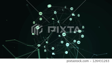 Image of globe of connections with icons on black background Image of globe of connections with icons on black background 126431263
