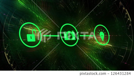 Image of network of connections with icons over dark background Image of network of connections with icons over dark background 126431284