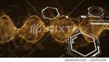 Image of scientific data processing and dna strand over black background 126431306