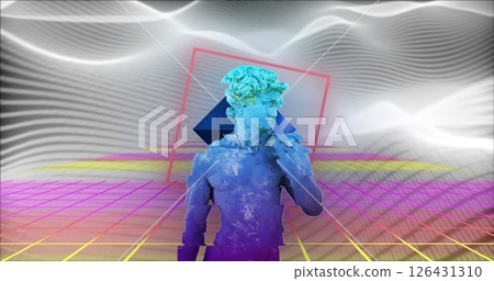 Image of interference over shapes moving and sculpture on black background 126431310