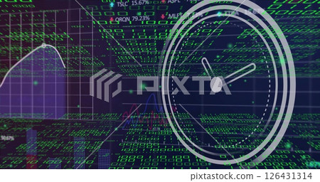 Image of moving clock over data processing on black background 126431314