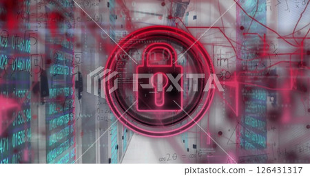 Image of padlock icon with data processing over server room 126431317