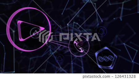 Image of network of connections with icons on black background Image of network of connections with icons on black background 126431328