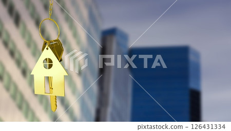 Image of key and house over cityscape Image of key and house over cityscape 126431334
