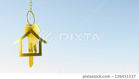 Image of key and house over blue sky and clouds Image of key and house over blue sky and clouds 126431337