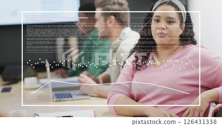 Image of data processing and diagrams over diverse business people at meeting Image of data processing and diagrams over diverse business people at meeting 126431338