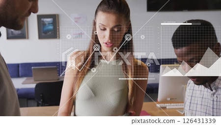 Image of data processing and diagrams over diverse business people at meeting Image of data processing and diagrams over diverse business people at meeting 126431339