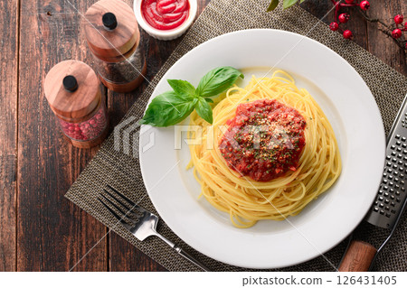 A dish of steaming tomato sauce pasta and sizzling basil (meat sauce pasta) A dish of steaming tomato sauce pasta and sizzling basil (meat sauce pasta) 126431405