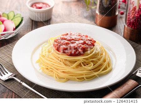 A dish of steaming tomato sauce pasta and sizzling basil (meat sauce pasta) A dish of steaming tomato sauce pasta and sizzling basil (meat sauce pasta) 126431415
