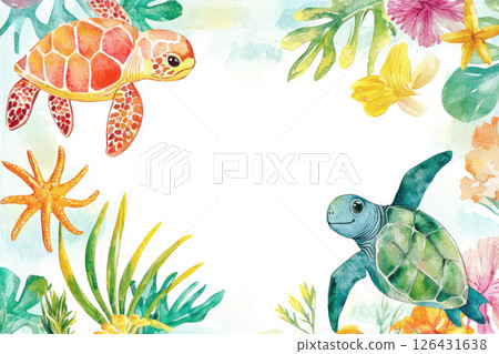 Watercolor summer marine animals border with turtles and starfish 126431638