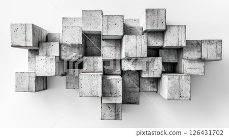 Abstract modular cube arrangement in grayscale, showcasing geometric shapes and textures Abstract modular cube arrangement in grayscale, showcasing geometric shapes and textures 126431702