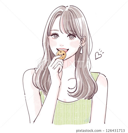 Illustration of a woman eating a cookie 126431713