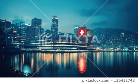 Modern cityscape with glowing hospital symbolizing healthcare support and urban life Modern cityscape with glowing hospital symbolizing healthcare support and urban life 126431748