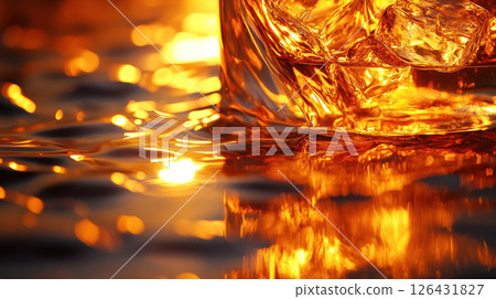 Glass of whisky with ice cubes reflects warm golden light creating cozy world perfect for relaxing day and enjoying rich flavors 126431827