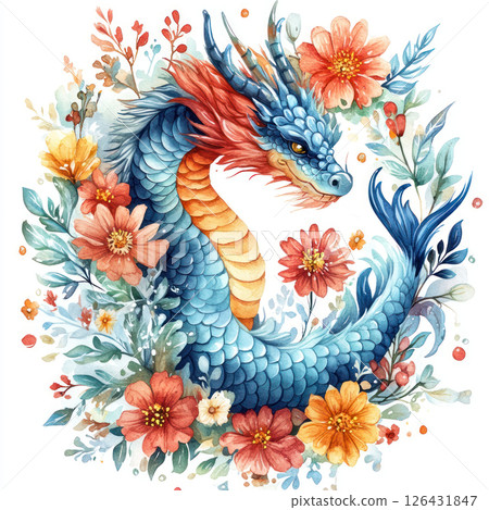 vibrant dragon surrounded by colorful flowers and foliage, showcasing intricate details and whimsical design. This artwork captures magical essence with its bright colors and enchanting composition 126431847