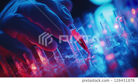 Hands working with pipette in laboratory setting, conducting drug research with vibrant colors and glowing test tubes Hands working with pipette in laboratory setting, conducting drug research with vibrant colors and glowing test tubes 126431876