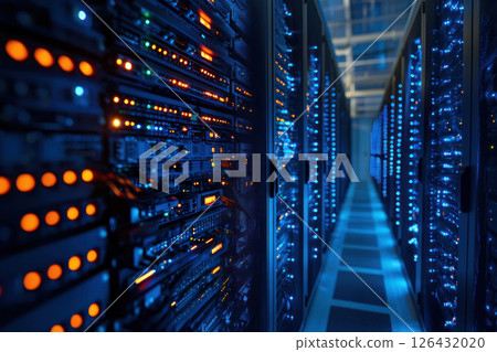 High tech server room with illuminated data servers and connections High tech server room with illuminated data servers and connections 126432020