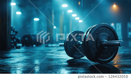 Dumbbells in fitness studio with dramatic lighting create intense atmosphere 126432058