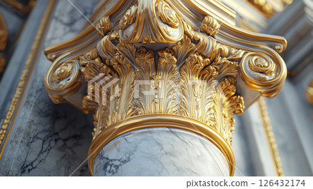 ornate marble column with intricate golden carvings and detailed scrollwork, showcasing luxury and classical design 126432174