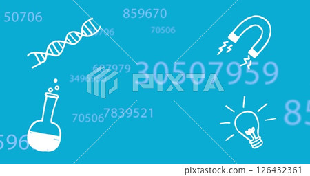 Image of lab icons and data processing on blue background 126432361