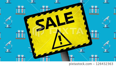 Image of microscope icons and sign with sale text on blue background 126432363