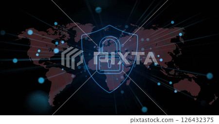 Image of padlock icon and digital data processing over world map Image of padlock icon and digital data processing over world map 126432375