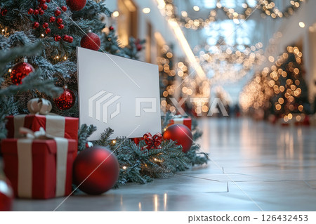 festive shopping mall decorated for Christmas, featuring blank white menu board surrounded by beautifully wrapped gifts, red ornaments, and lush evergreen trees. warm lights create joyful atmosphere 126432453