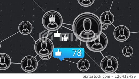 Image of network of connections with icons over media icons Image of network of connections with icons over media icons 126432459