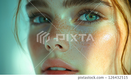 Close up of woman face showcasing glowing skin,...-插圖素材 [126432515 ...
