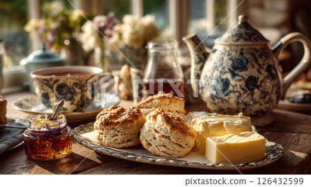 Cozy cottagecore tea setting with scone, butter, jam, and floral teapot on wooden table in warm natural light 126432599