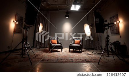Two gray armchairs with orange pillows patterned rug dimly lit studio with professional lighting and camera equipment creating cozy atmosphere 126432607