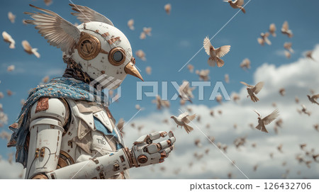 Robot with bird like head and real feathers flying beside living birds in hybrid sky garden, creating surreal and peaceful scene 126432706