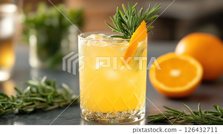 Refreshing whisky cocktail with orange and rosemary garnish on table celebrating world whisky day with bright citrus flavor and ice cubes 126432711