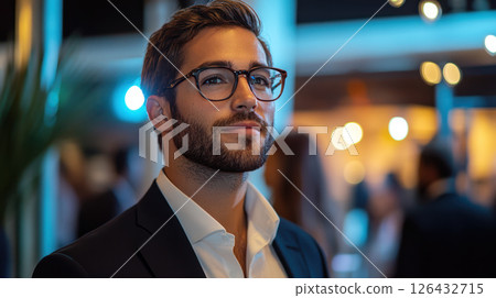 Young investor attending networking event with polished business look in chic indoor venue under soft diffused lighting, confident and focused 126432715