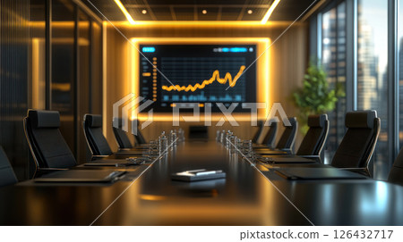 Modern boardroom with black leather chairs and glowing gold chart on screen, creating focused and elegant business atmosphere 126432717