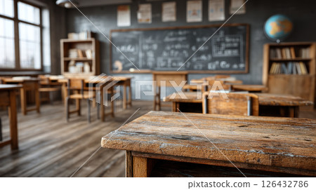 Classroom with empty wooden desks and chairs, chalkboard filled with educational materials, and globe symbolizing quality education 126432786
