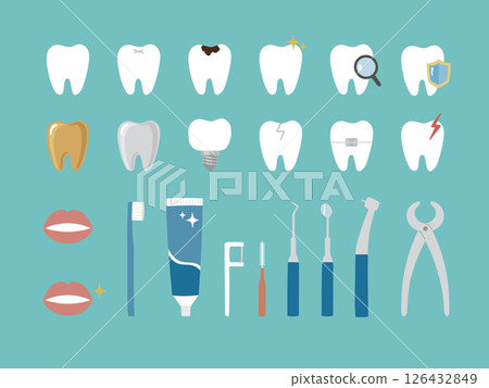 一組可在牙醫處使用的牙齒和器械的插圖 126432849