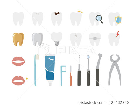 A set of illustrations of teeth and instruments that can be used at a dentist A set of illustrations of teeth and instruments that can be used at a dentist 126432850