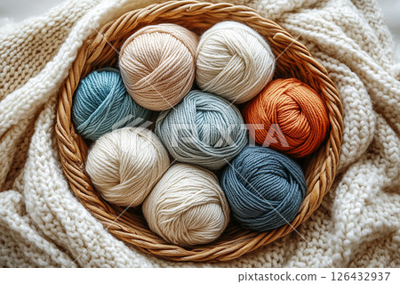 Cozy Setup. Cream-colored yarns for knitting in a wicker basket on a white background. Top view. Cozy Setup. Cream-colored yarns for knitting in a wicker basket on a white background. Top view. 126432937