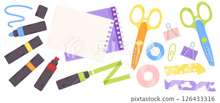 Collection of cute school stationery and craft supplies 126433316