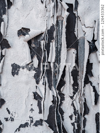 Peeling paint revealing layers of texture and color on an old wall in an urban environment 126433362